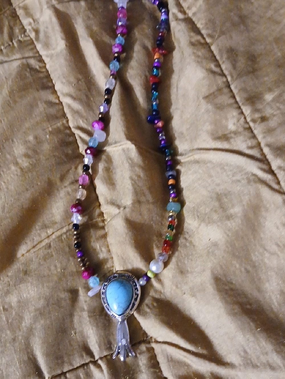 Handmade Multicolor Beaded Necklace with Turquoise Pendant